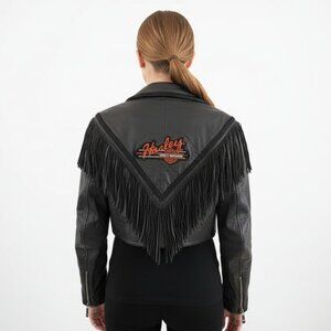 Harley Davidson Black Leather Fringe Cropped Jacket Size XL